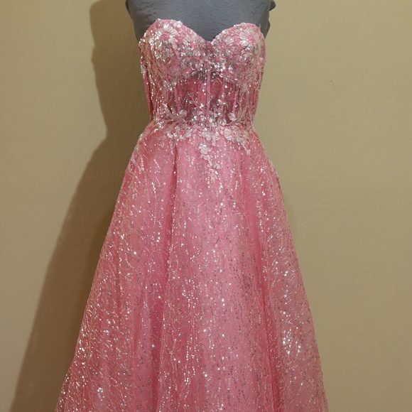 JVN strapless corset lace up back prom dress in baby pink in size 10